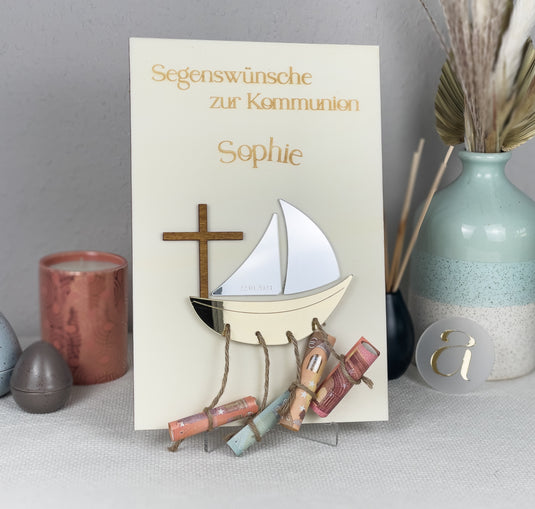 Religious Christening Money Gift Boat - Elegant Wooden Keepsake for Money Giving | Bapstism or Commuion Gift