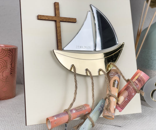 Religious Christening Money Gift Boat - Elegant Wooden Keepsake for Money Giving | Bapstism or Commuion Gift