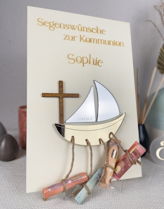 Religious Christening Money Gift Boat - Elegant Wooden Keepsake for Money Giving | Bapstism or Commuion Gift