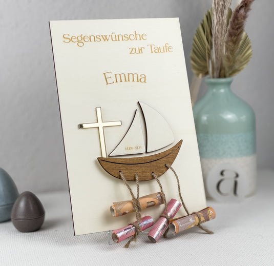 Religious Christening Money Gift Boat - Elegant Wooden Keepsake for Money Giving | Bapstism or Commuion Gift