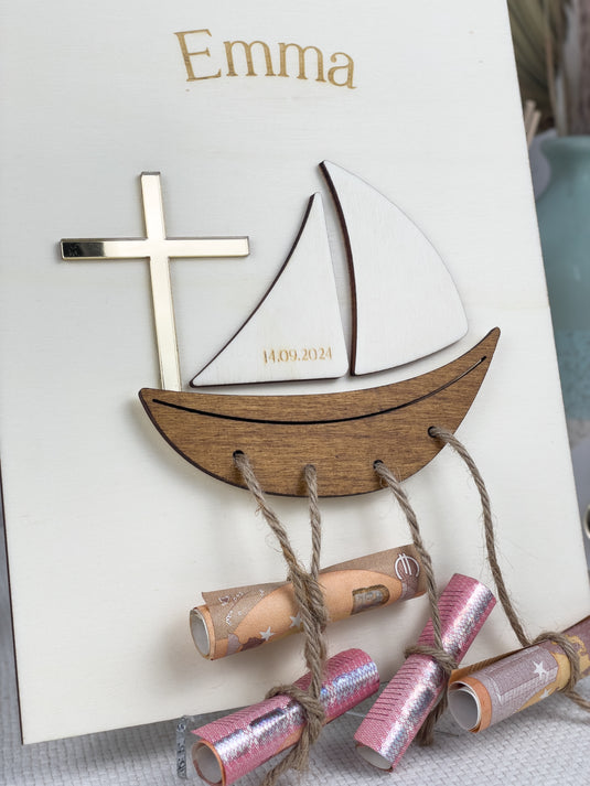 Religious Christening Money Gift Boat - Elegant Wooden Keepsake for Money Giving | Bapstism or Commuion Gift